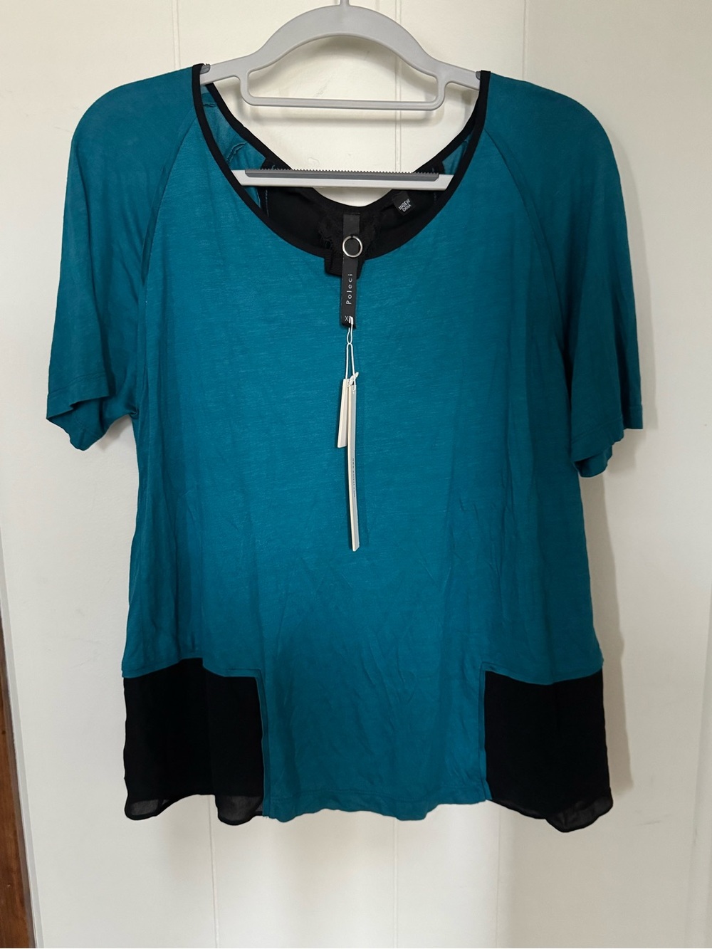 NWT Poleci Designer Silk Short Sleeve Blouse in Teal & Black, Size XS